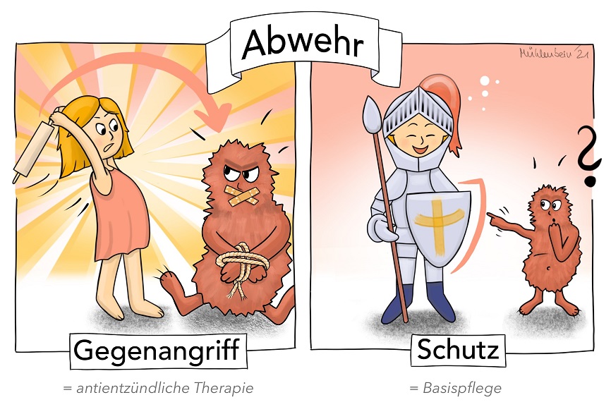 Zwei Bilder von einem mädchen. Auf dem ersten haut sie ein Monster mit einem Nudelholz, auf dem anderen trägt sie eine Ritterrüstung. Über den Bildern steht "Abwehr".